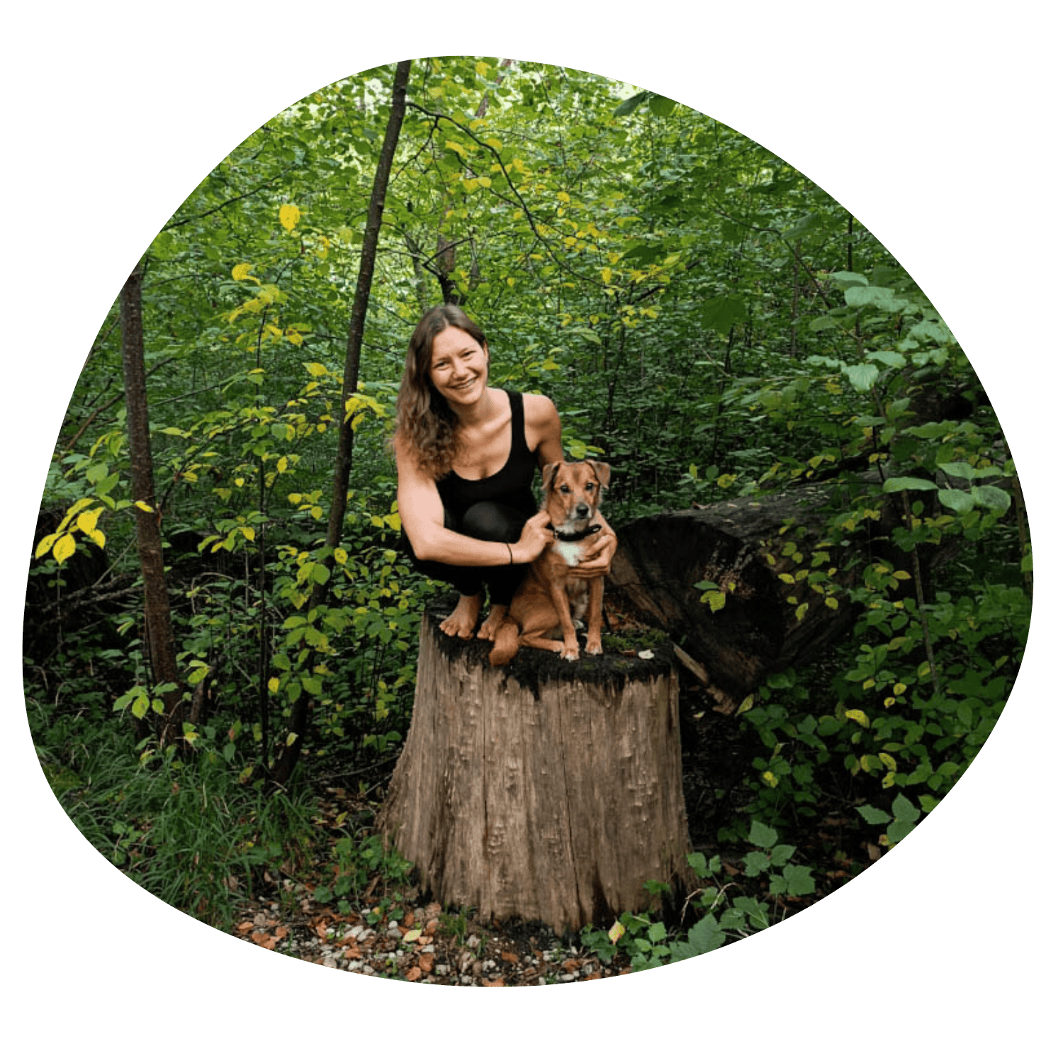 Frau lächelt mit Hund auf einem Baumstumpf in einem üppigen grünen Wald.