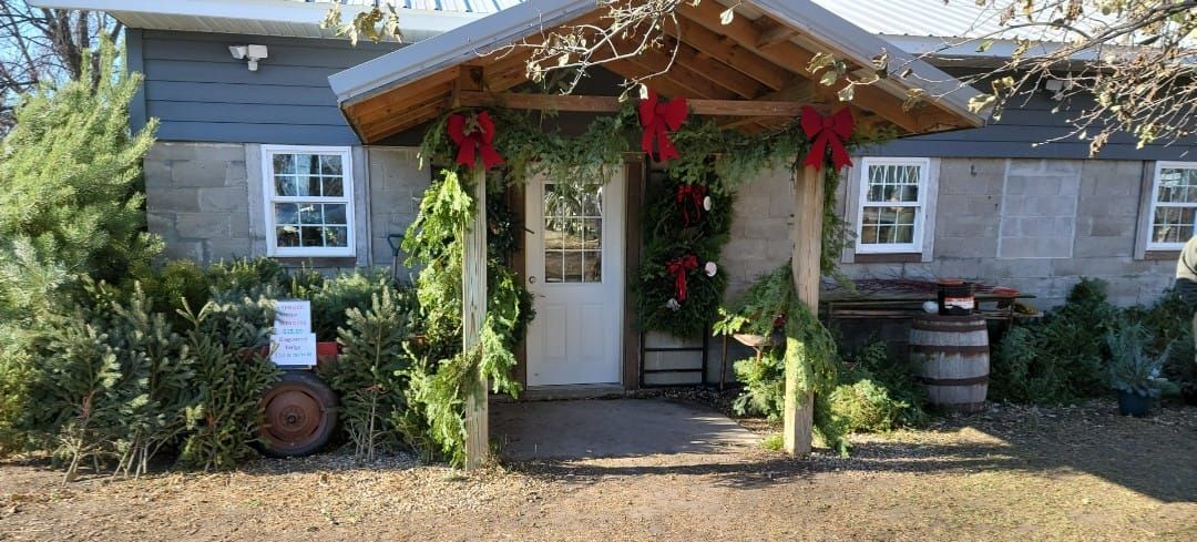 A craft shop decorated for Christmas with garland and a trailer of tree cuttings in front of it.