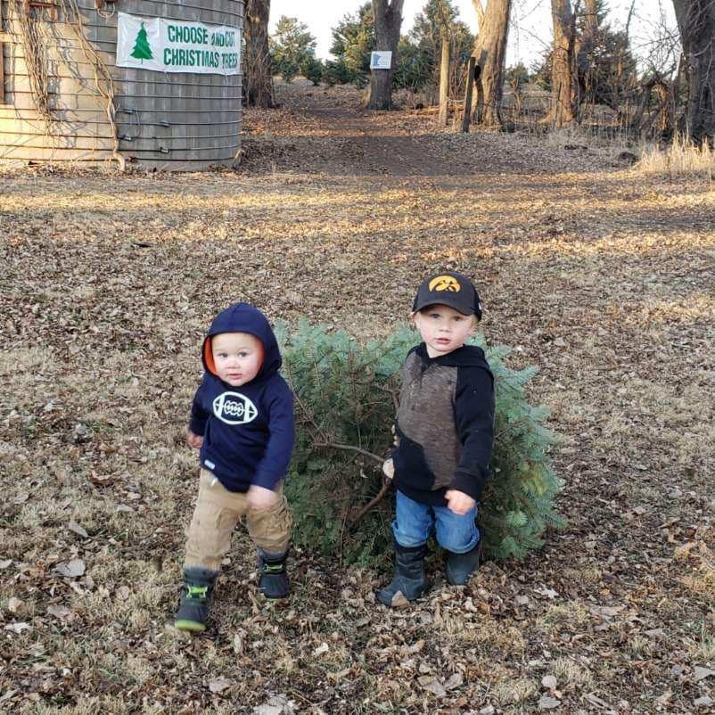 Two young boys are standing next to a christmas tree.