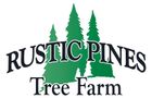 The logo for rustic pines tree farm shows three pine trees