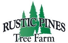 The logo for rustic pines tree farm shows three pine trees