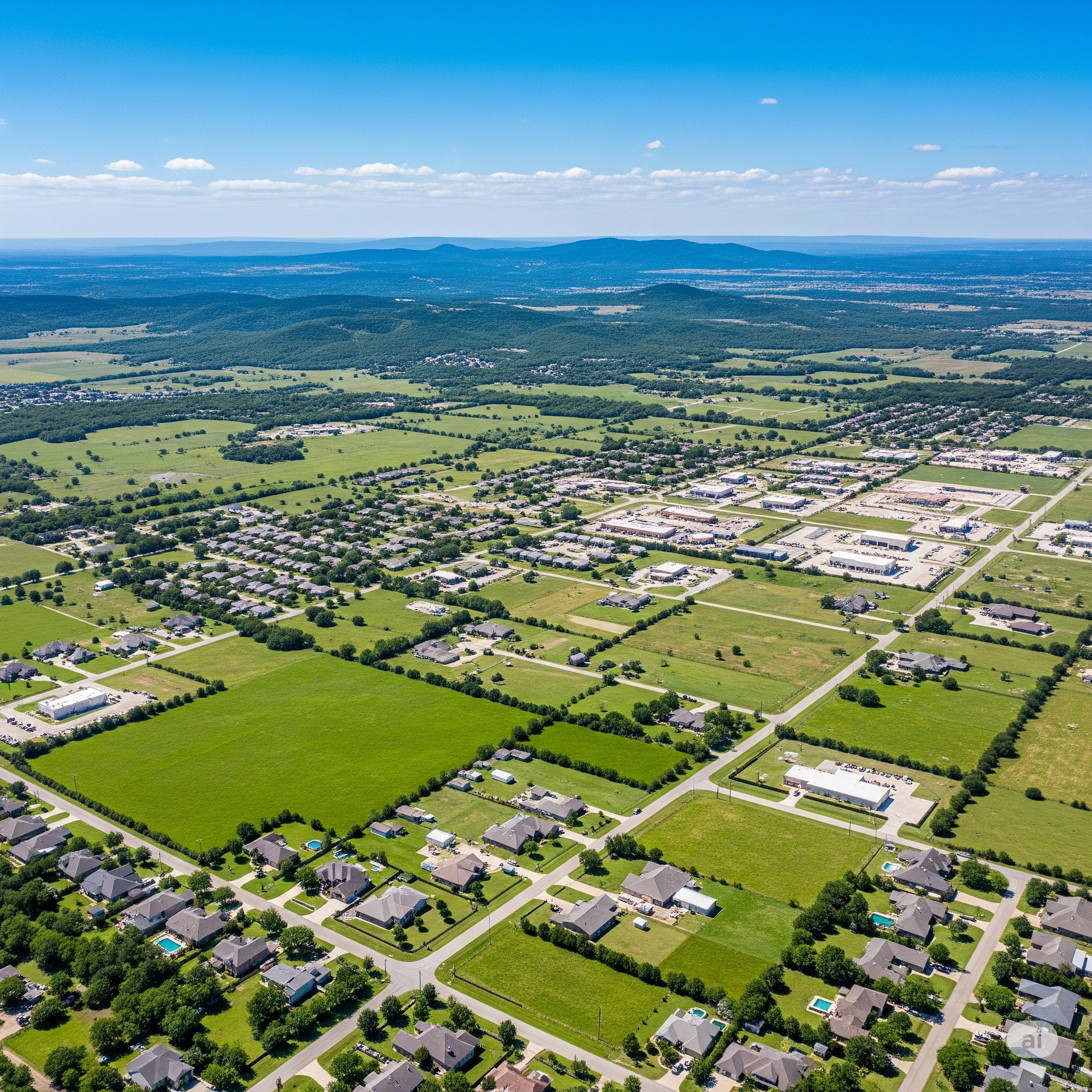 An aerial view of a residential area with a lake in the background.