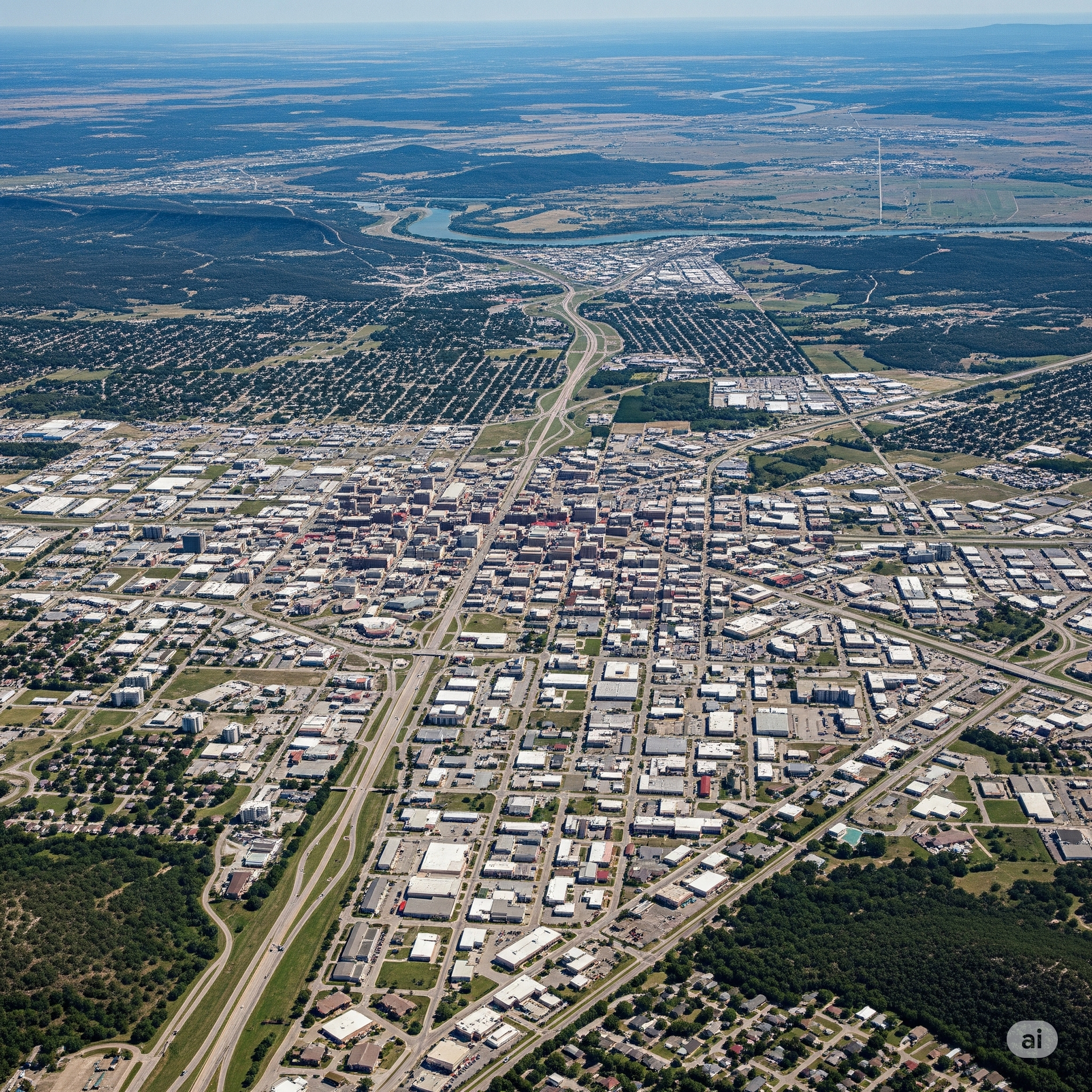 An aerial view of a small town with a lake in the background.