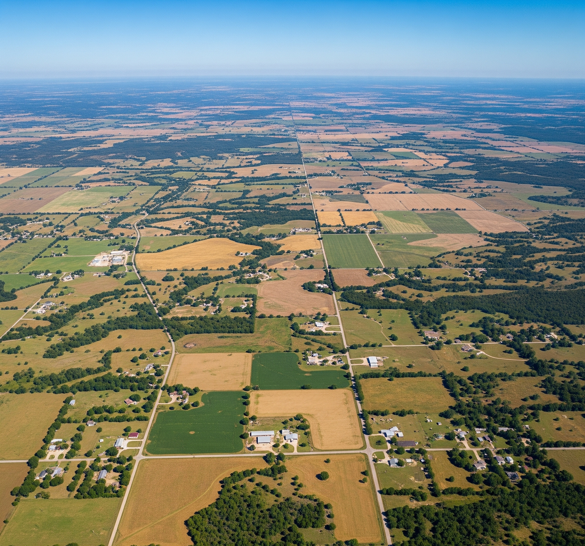 An aerial view of a residential area surrounded by trees and a lake.