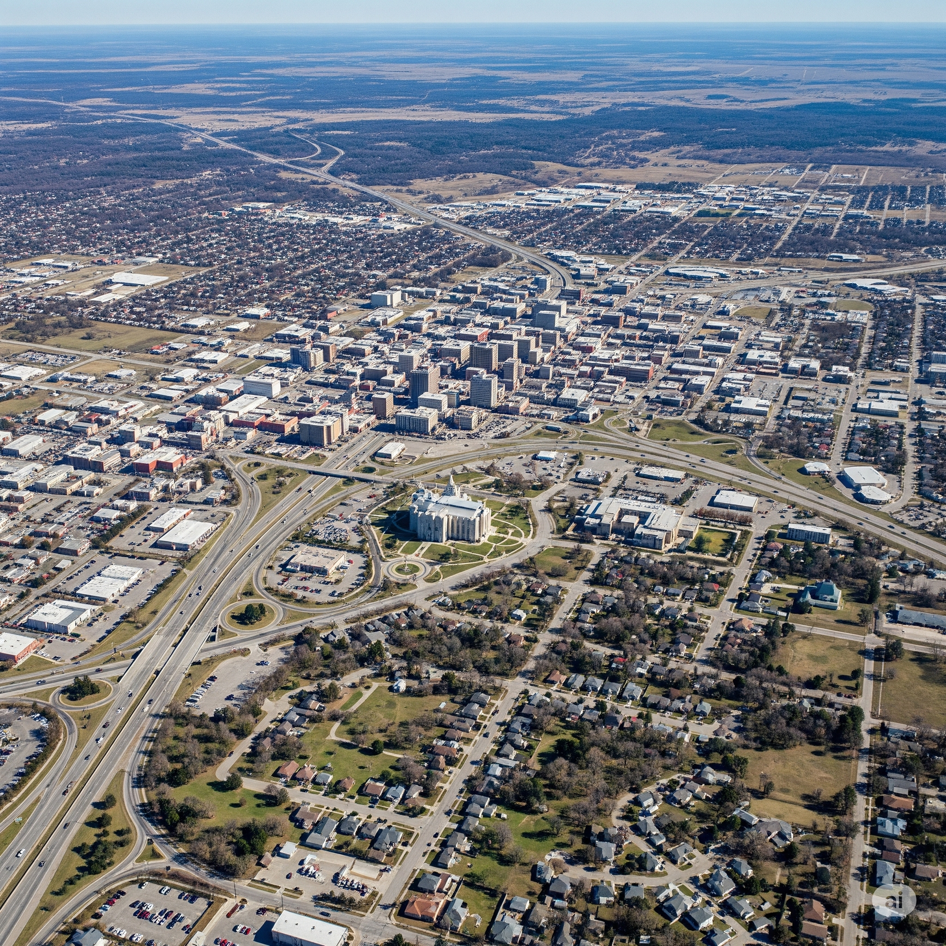 An aerial view of a small town with a lake in the background.
