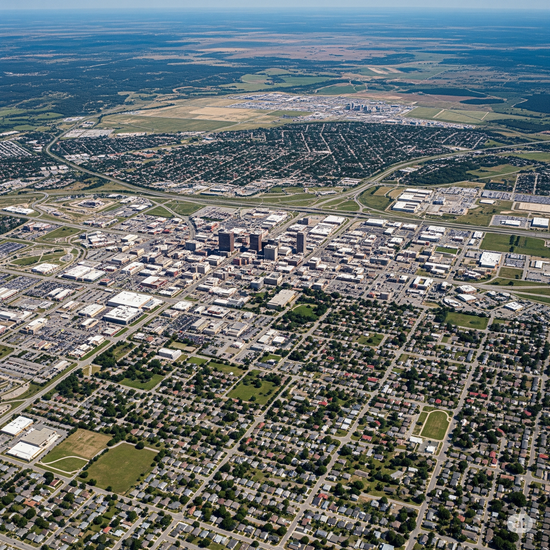 An aerial view of a small town with a lake in the background.