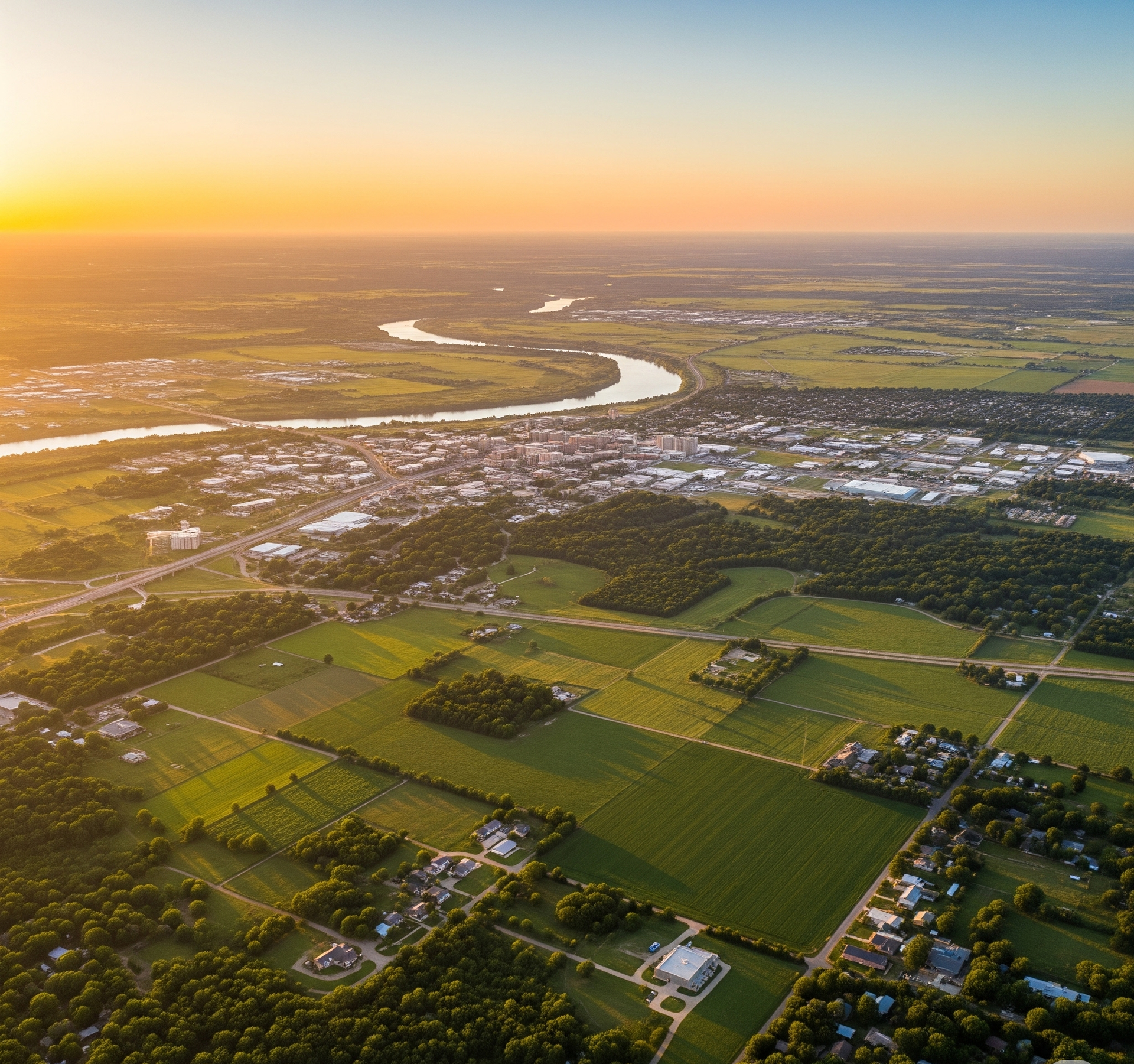 An aerial view of a residential area with a lake in the background.