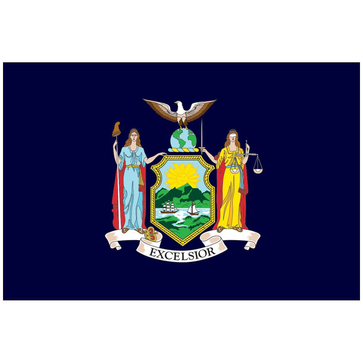 A new york state flag with a coat of arms on it