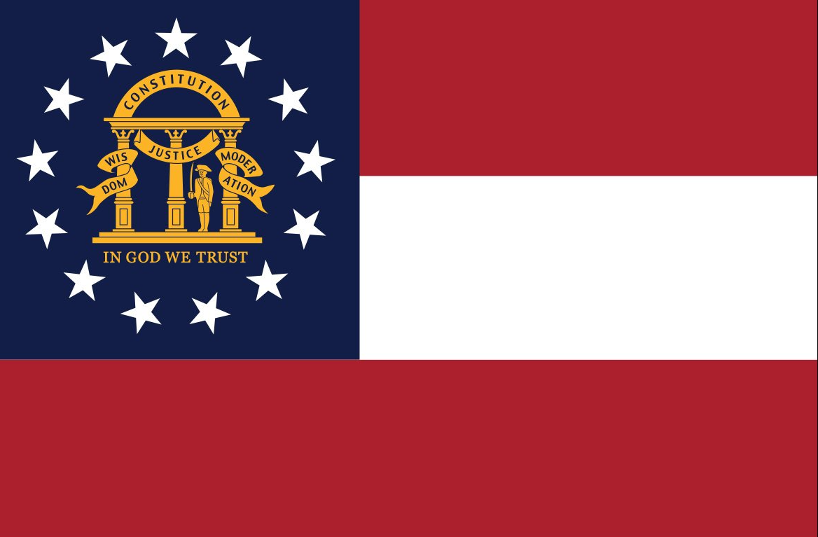 The flag of the state of georgia is red white and blue
