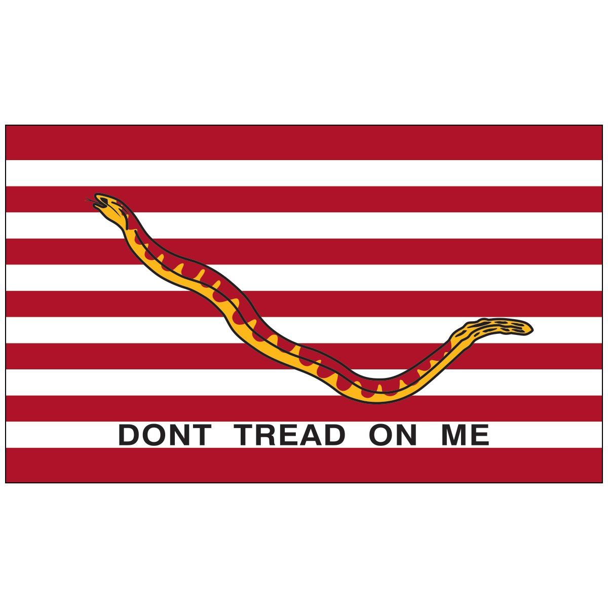 A red and white striped flag with a snake and the words `` dont tread on me ''.