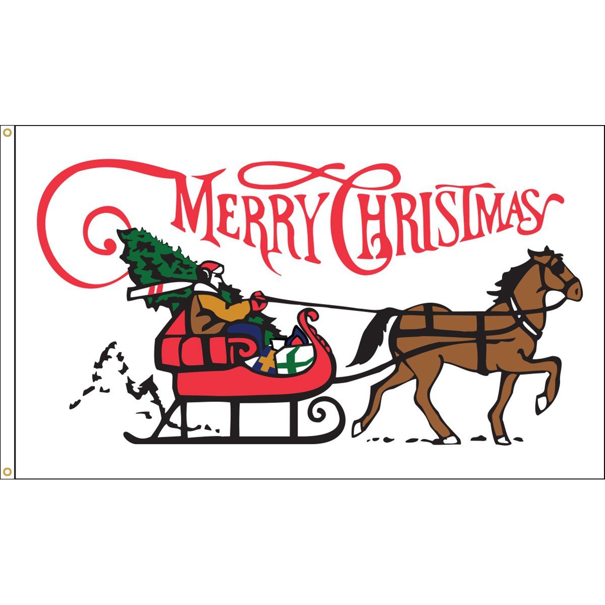 A merry christmas flag with a horse pulling a sleigh