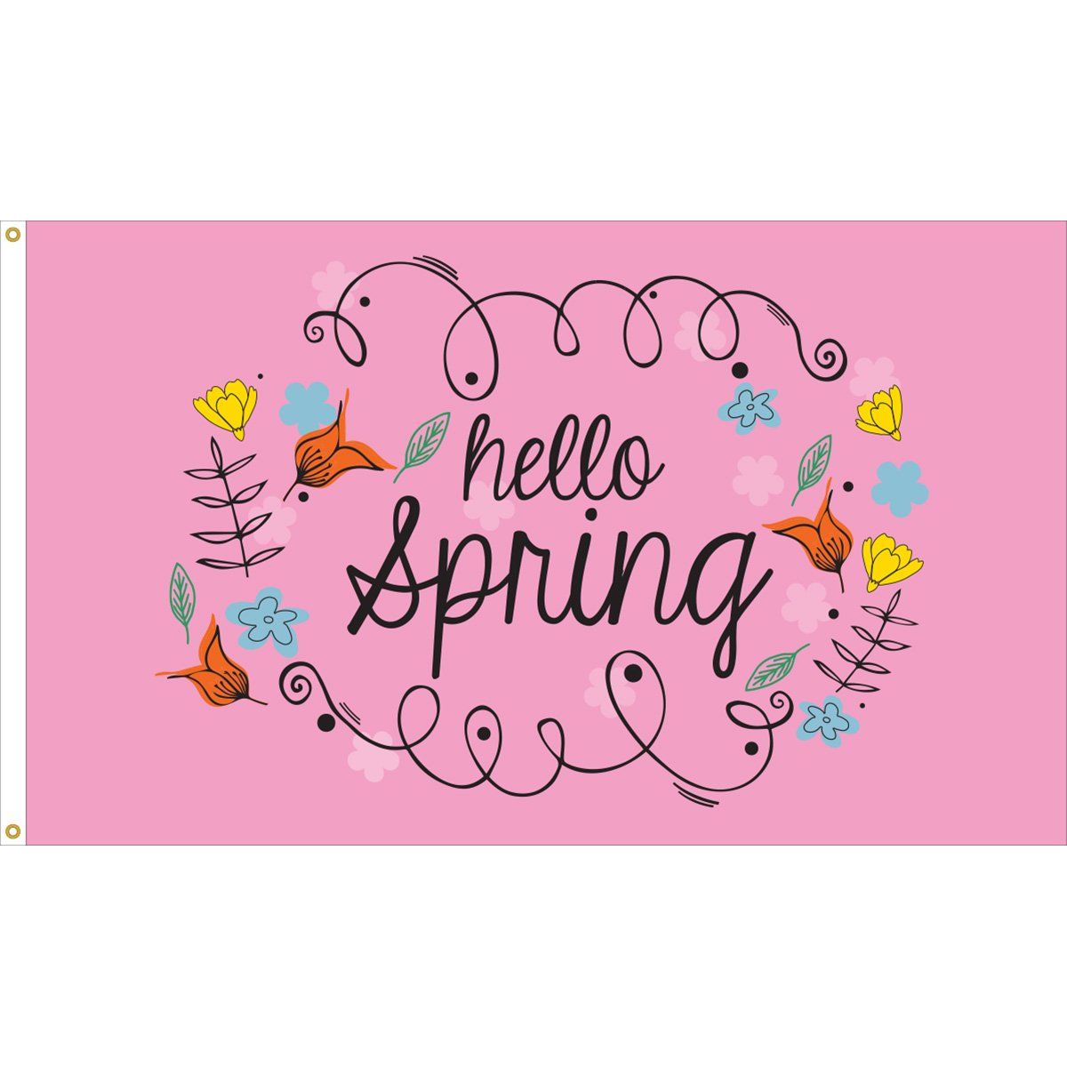 A pink flag with the words `` hello spring '' surrounded by flowers and leaves.
