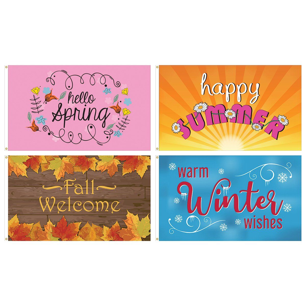 A set of four signs with different seasons on them.