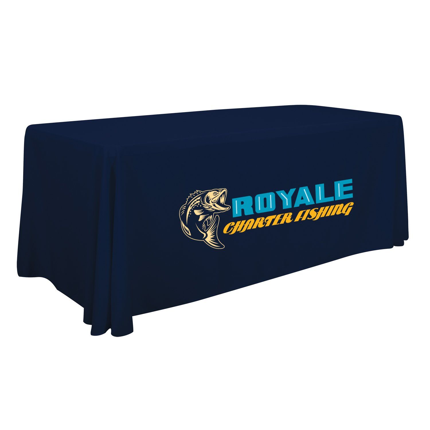 A blue table cloth with a logo for royale charter fishing on it.