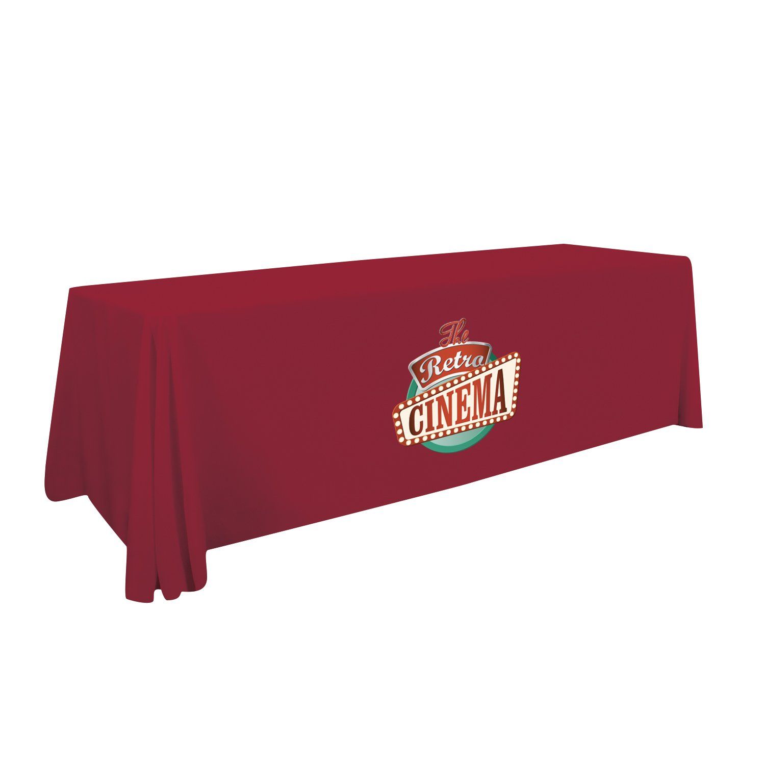 A red table cloth with a retro cinema logo on it
