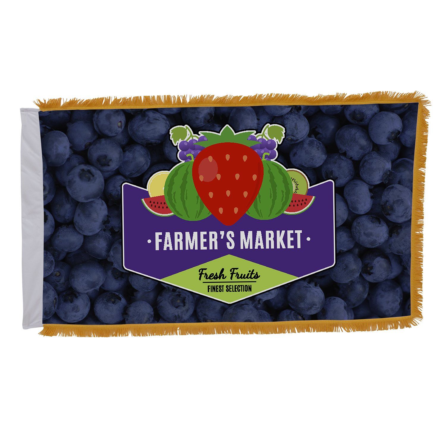 A farmer 's market flag with blueberries and strawberries on it