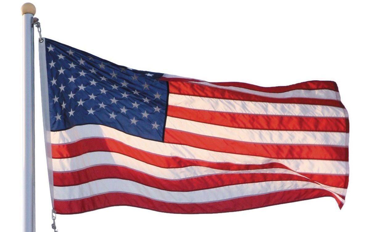 An american flag is waving in the wind on a white background