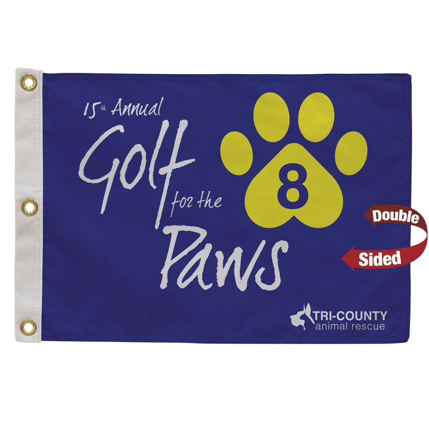 A blue golf flag for the 15th annual golf for the paws