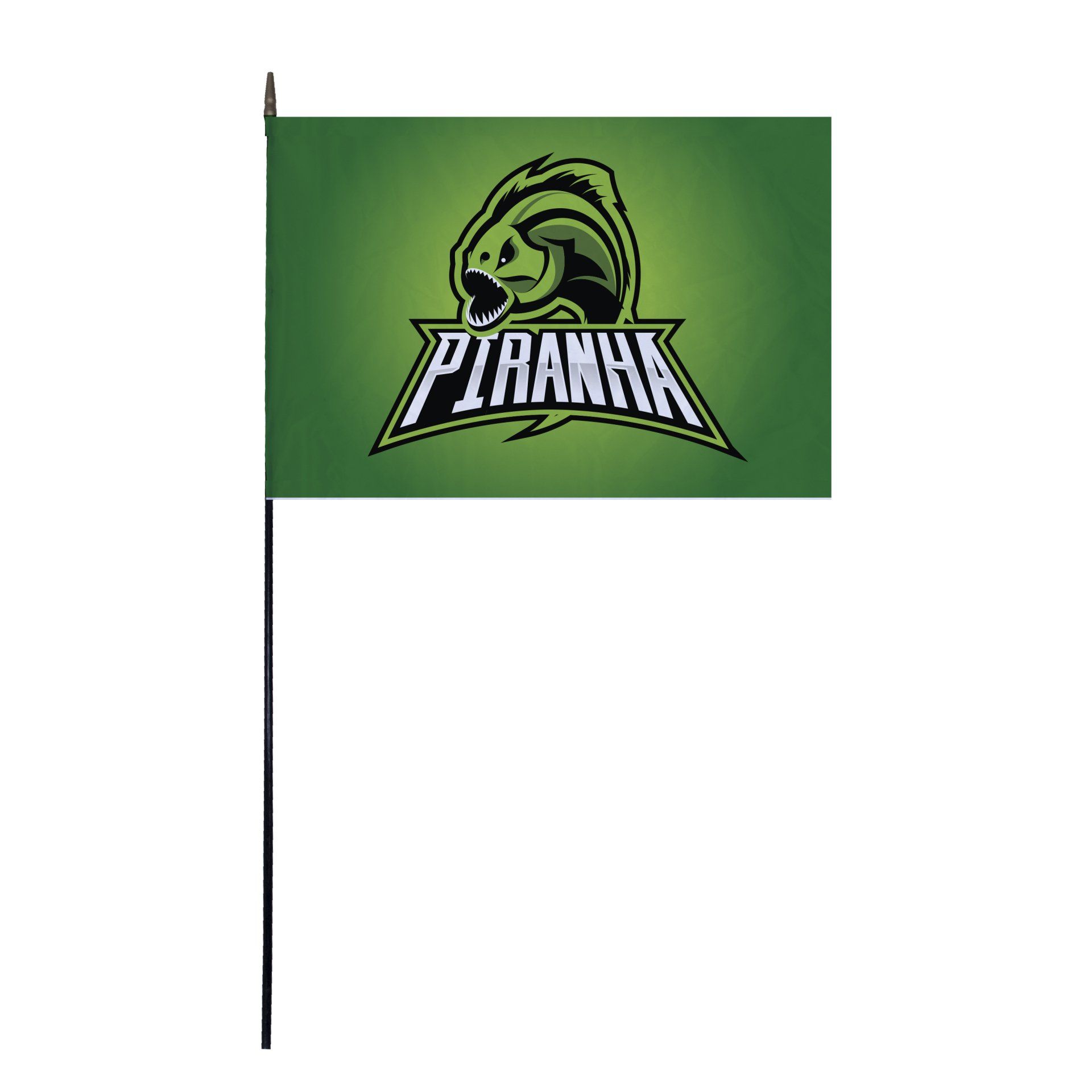 A small green flag with a piranha logo on it.