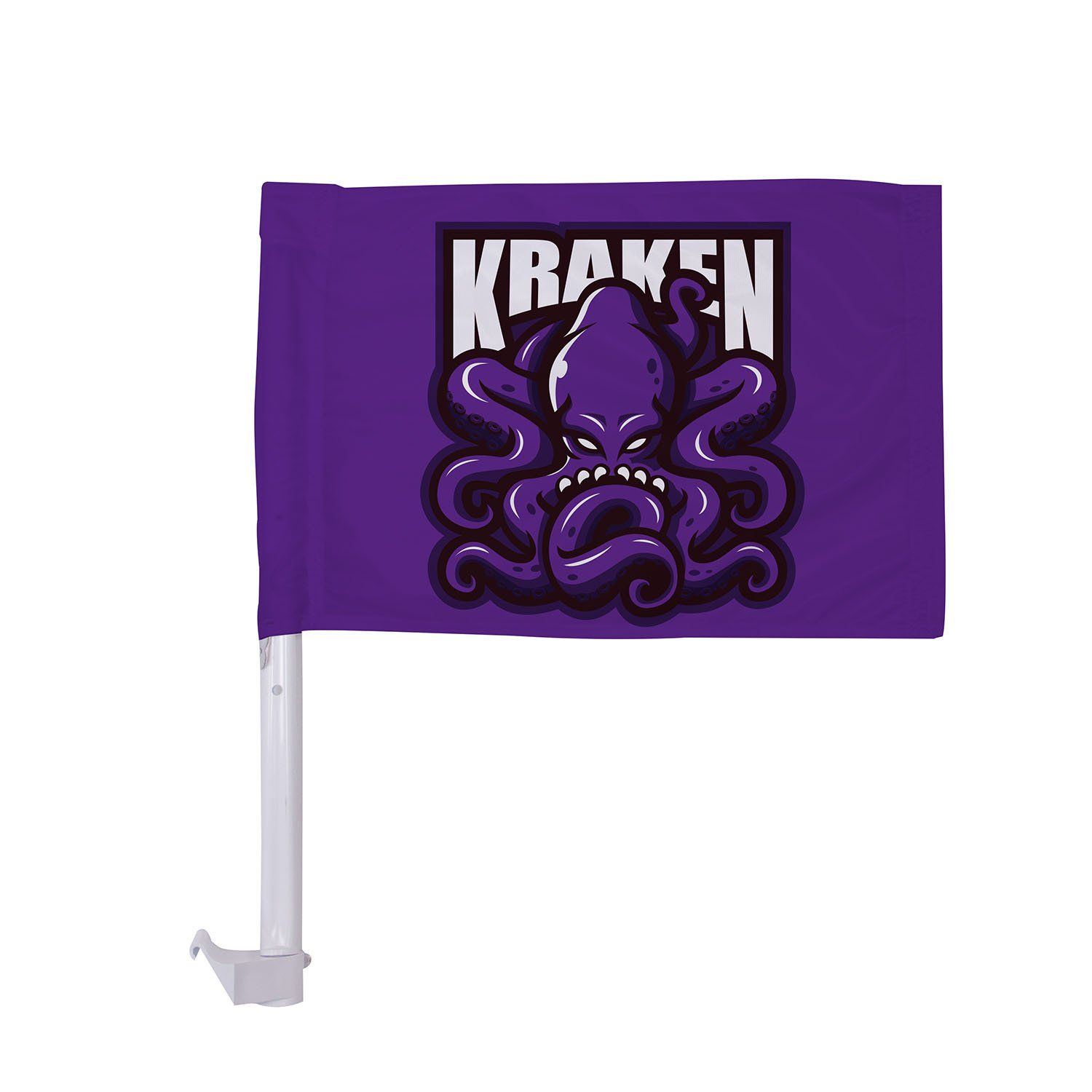A purple flag with an octopus on it and the word kraken on it.
