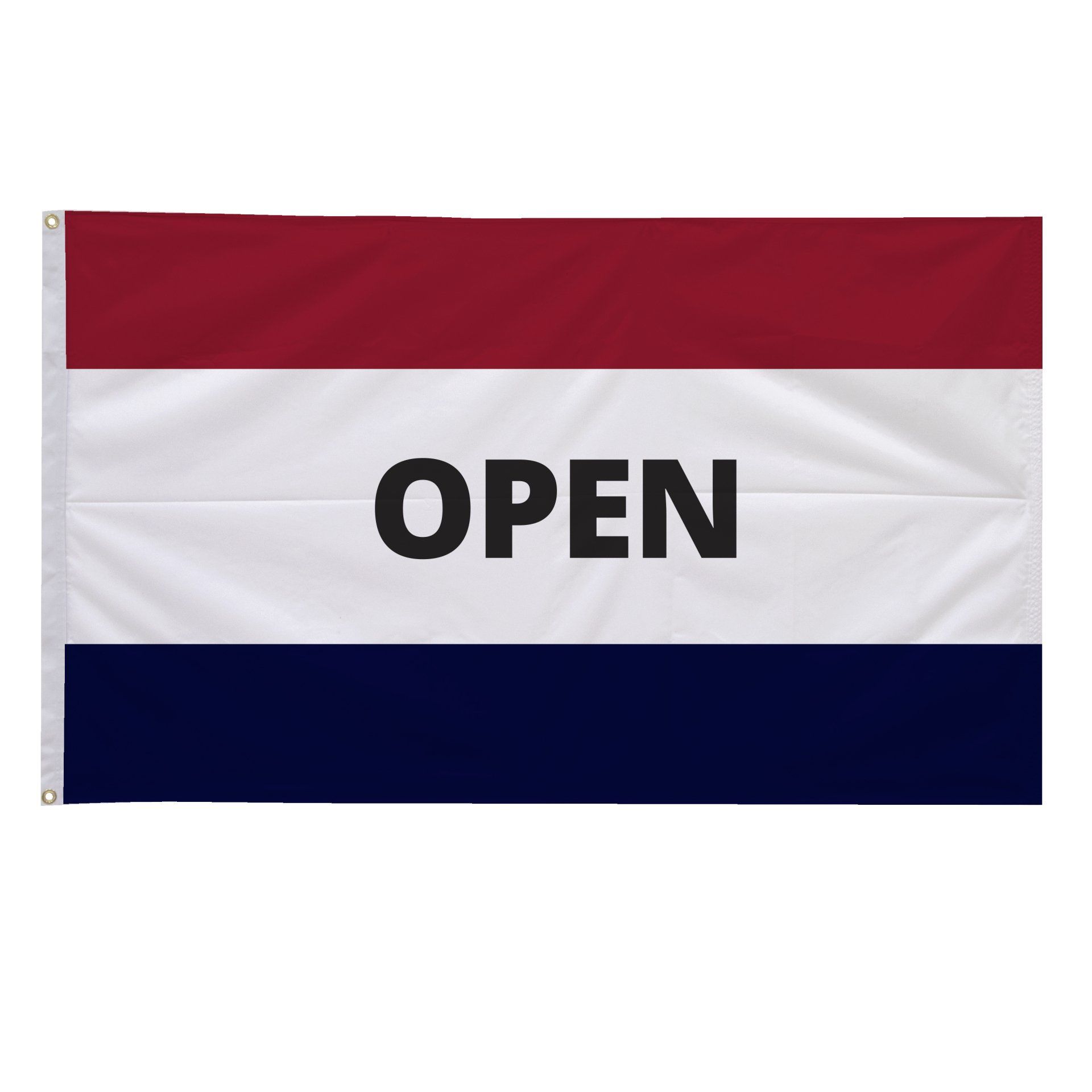 A red white and blue flag with the word open on it