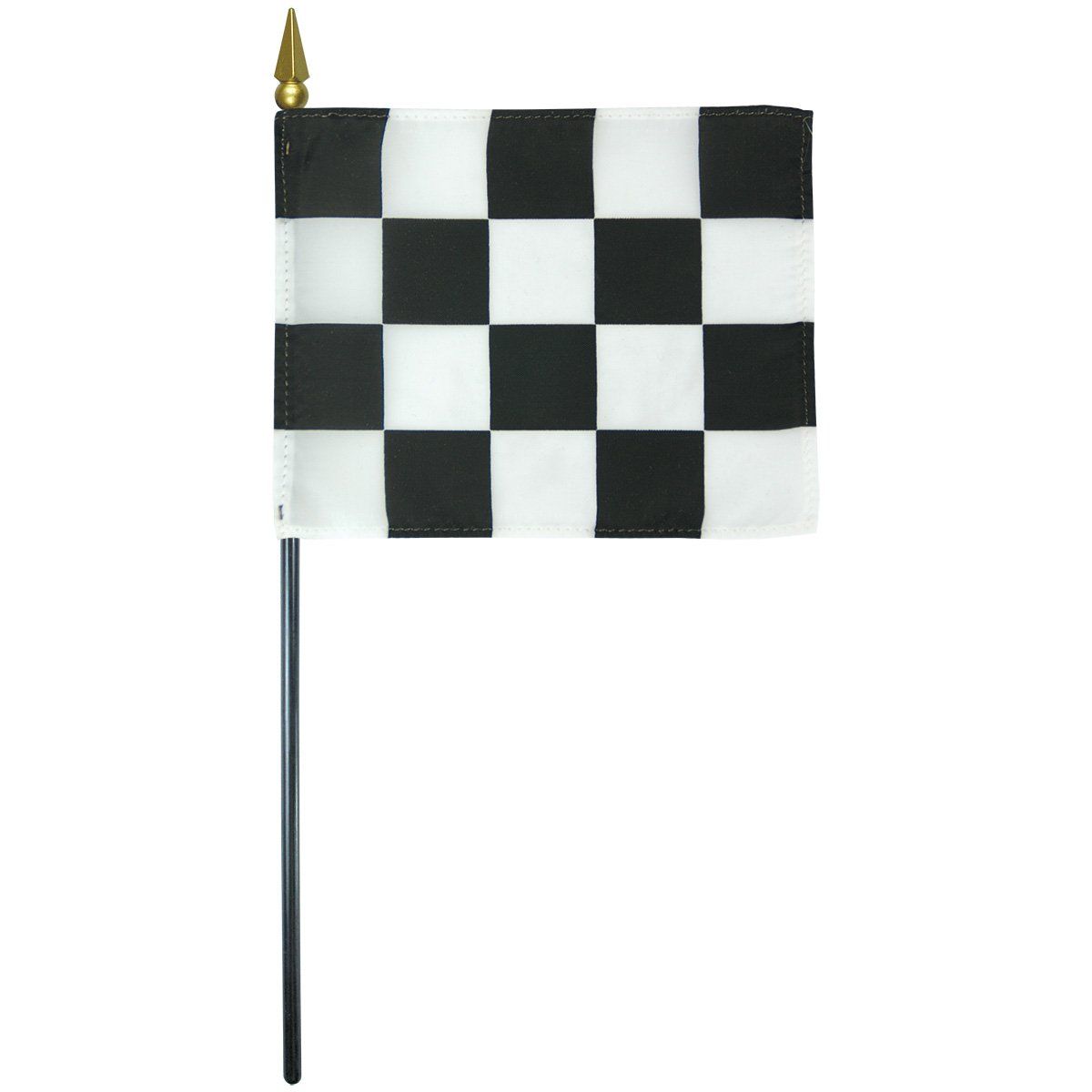 A small black and white checkered flag on a stick.