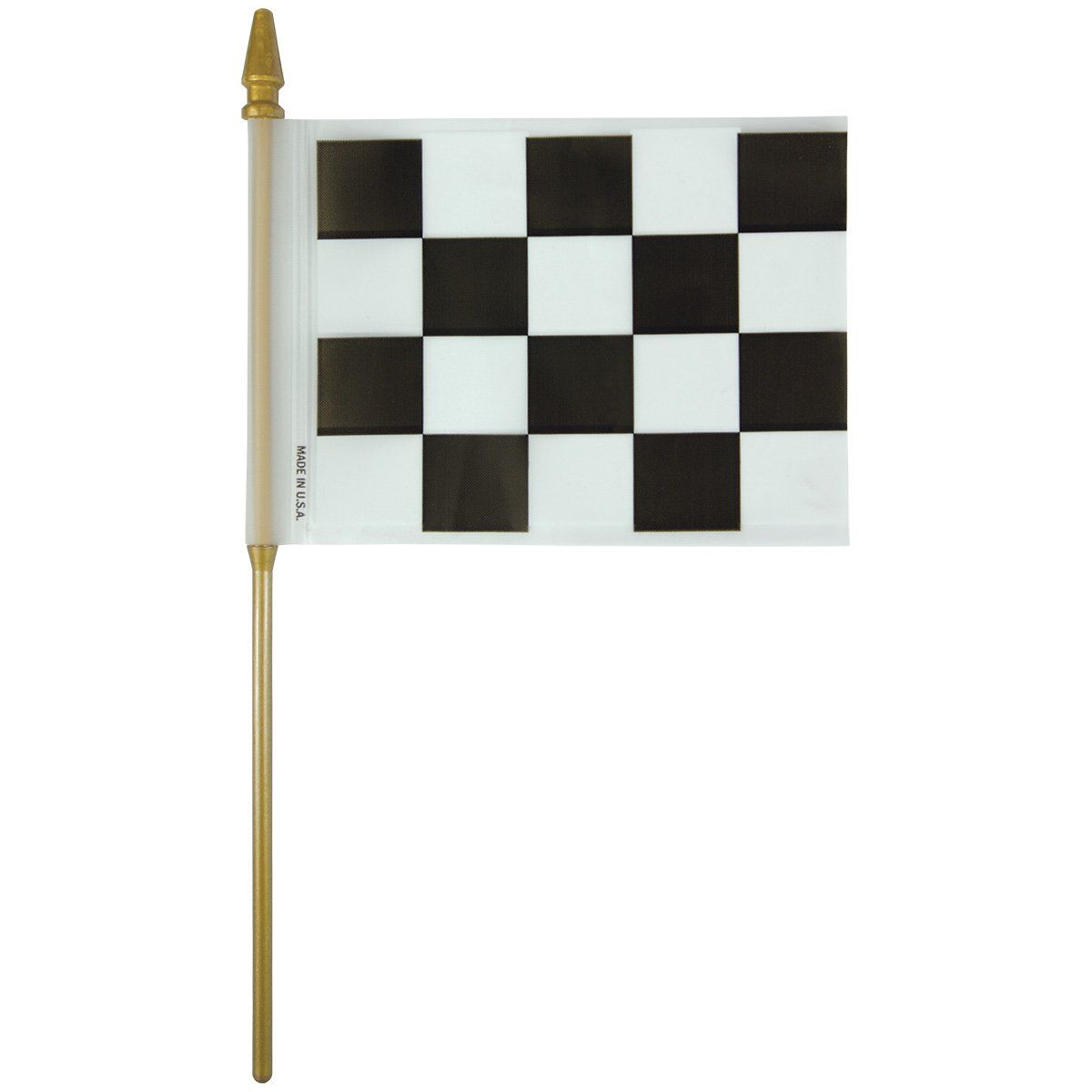 A small black and white checkered flag on a gold pole