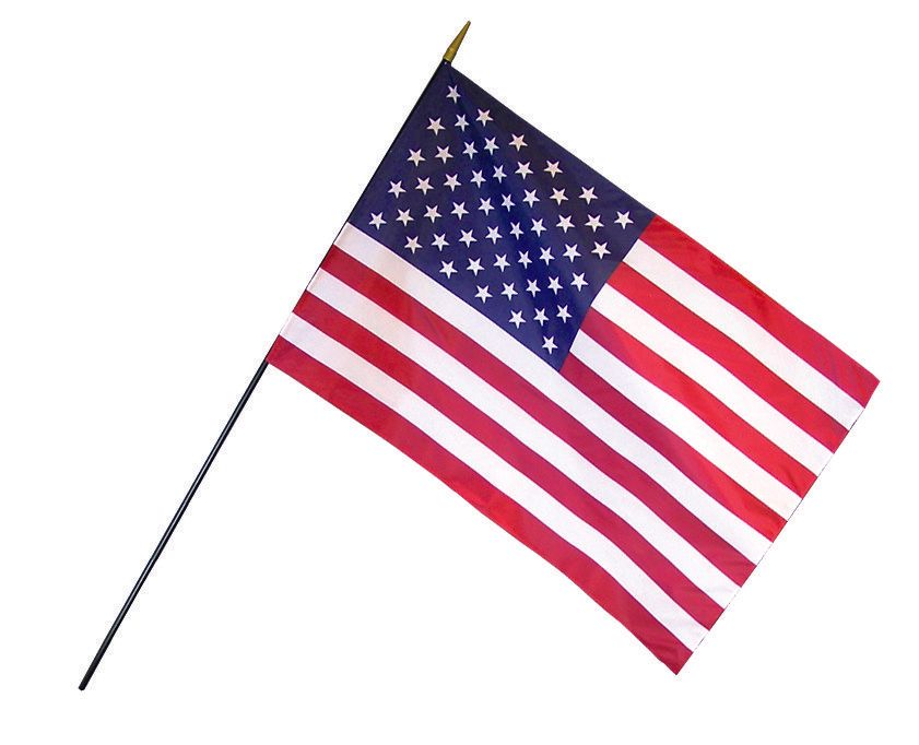 A small american flag on a stick on a white background