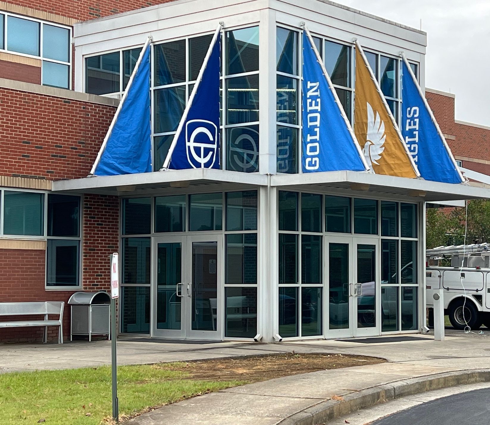 Chattahoochee Technical College Custom Triangular Banners on Glass Windows