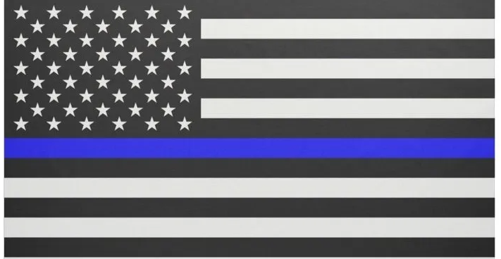 A black and white american flag with a blue stripe in the middle.