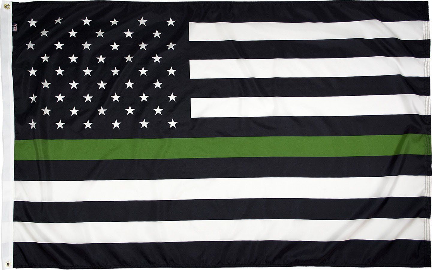 A black and white american flag with a green stripe