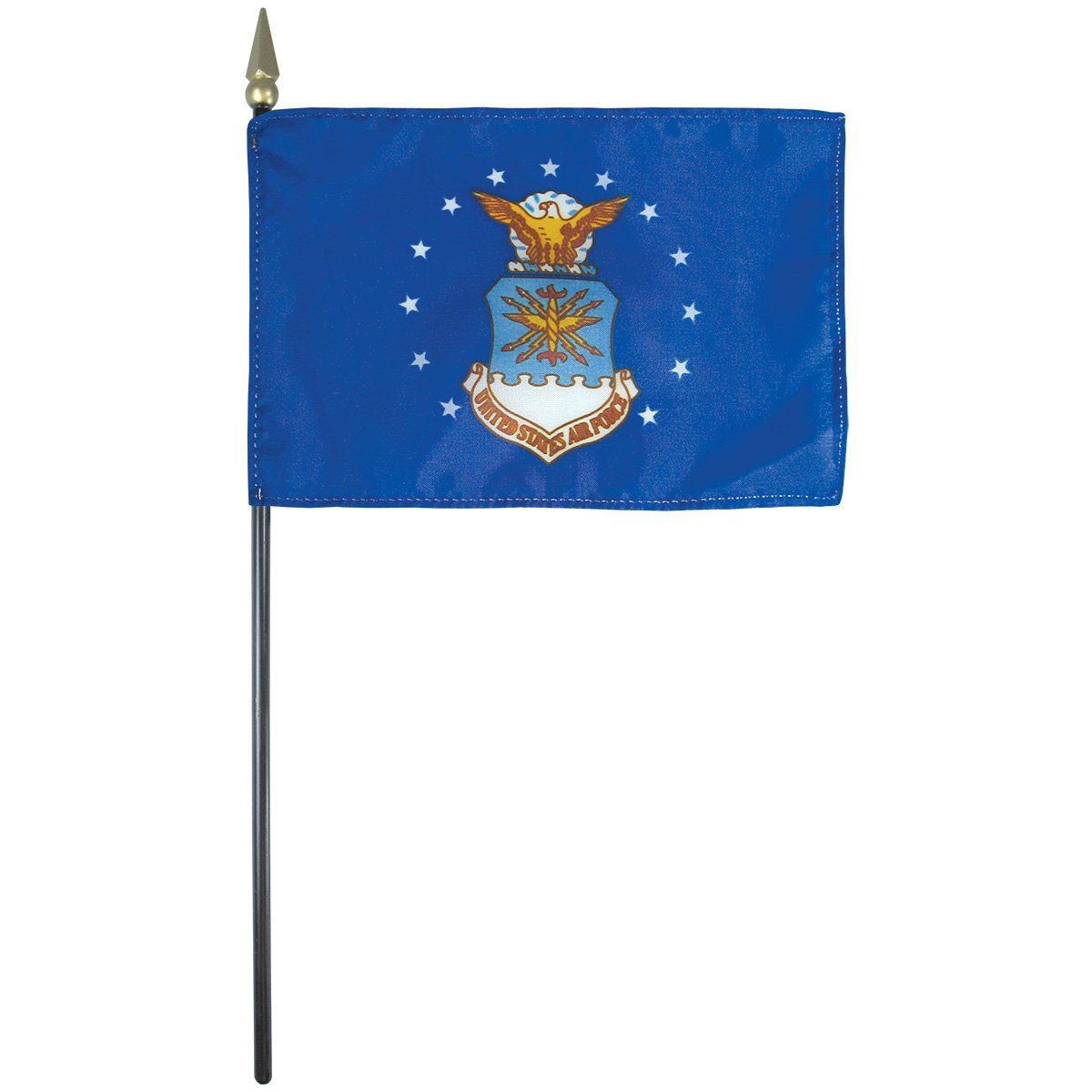 A small blue flag with a shield and eagle on it