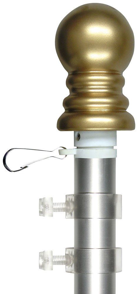 A flag pole with a gold ball on top of it.