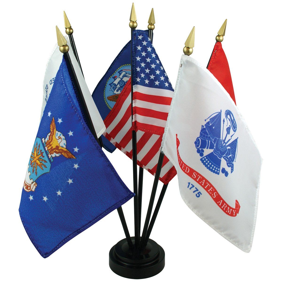 A bunch of flags with one that says 1775 on it