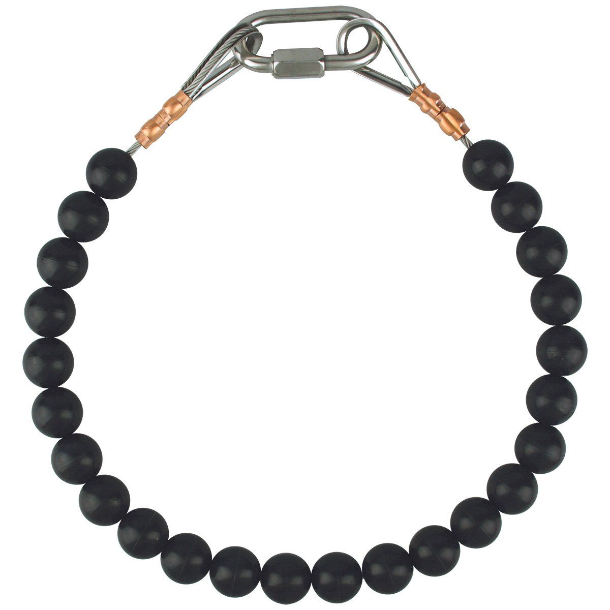 A bracelet with black beads and a metal clasp