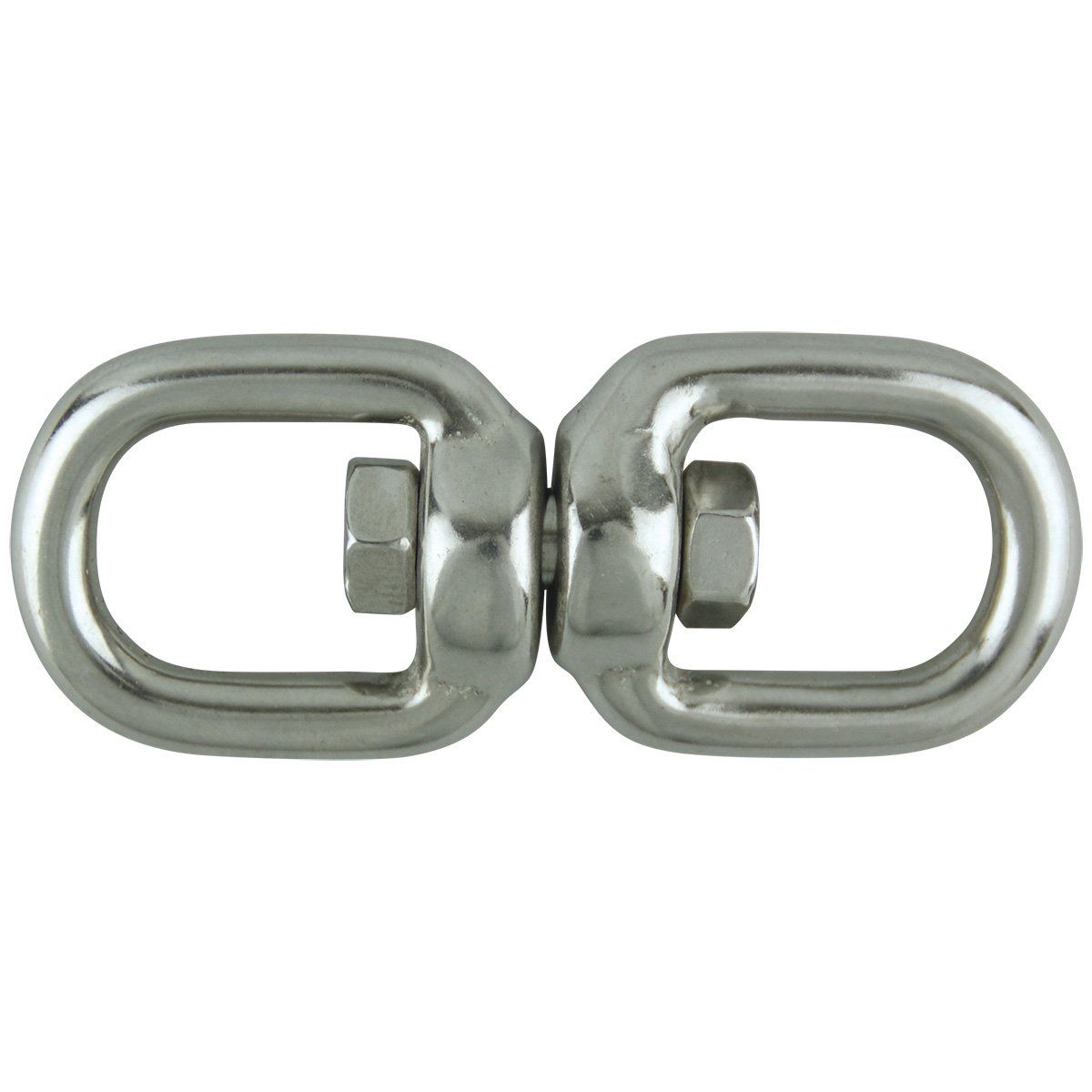 A close up of a stainless steel chain link on a white background