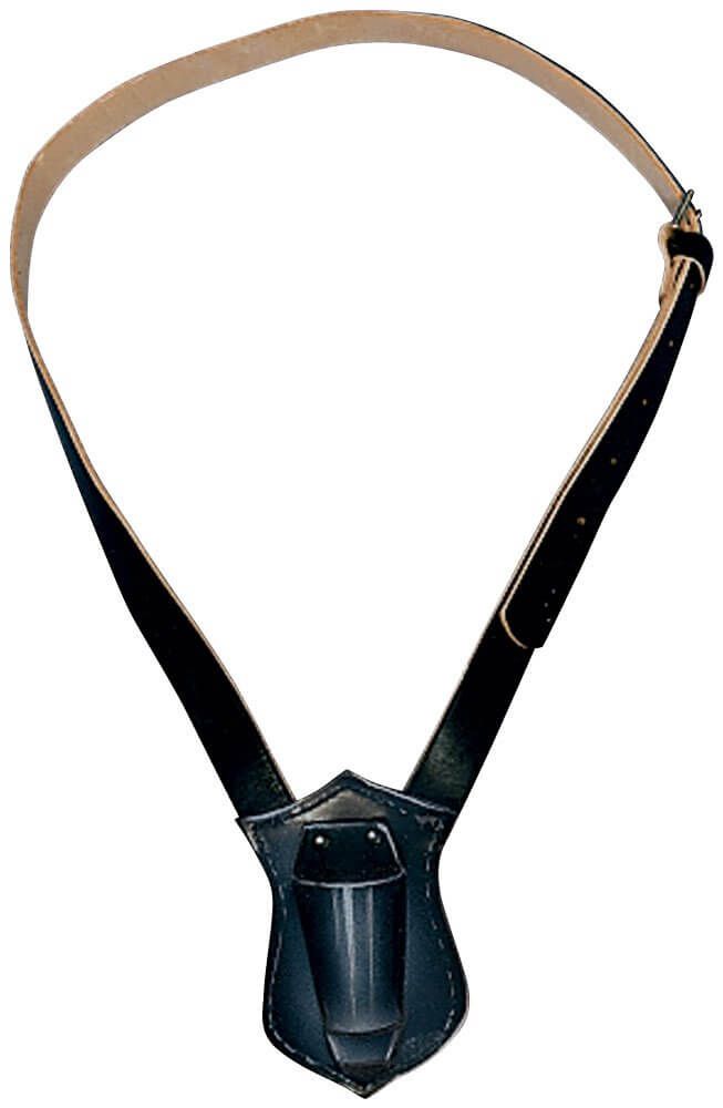 A black leather belt with a holder attached to it