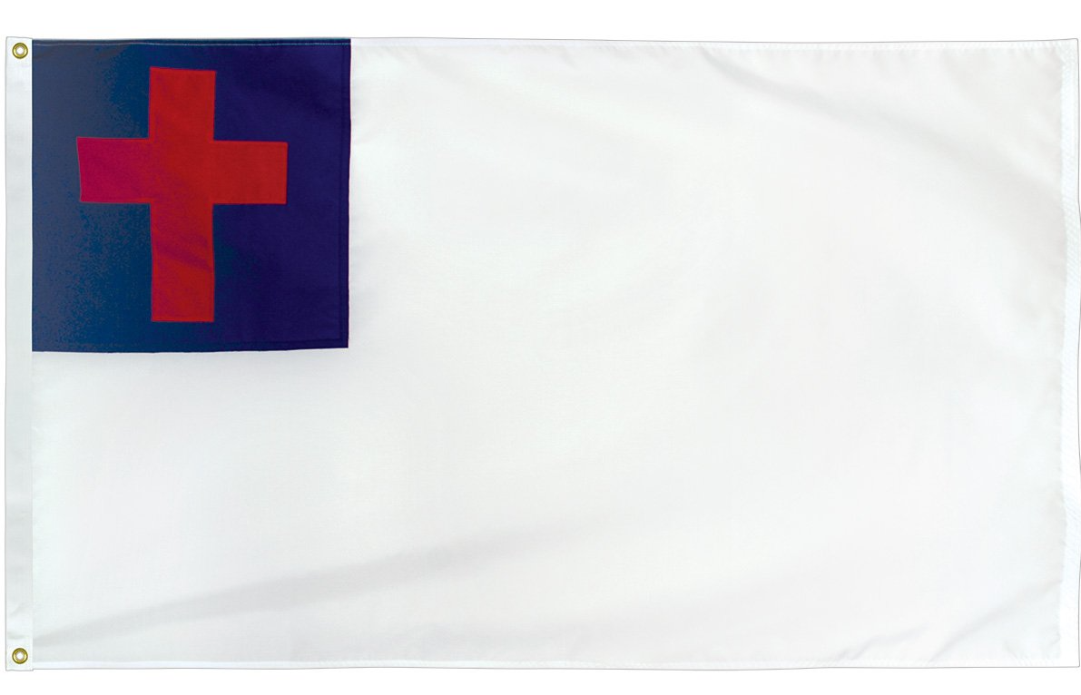 A white flag with a red cross on it.