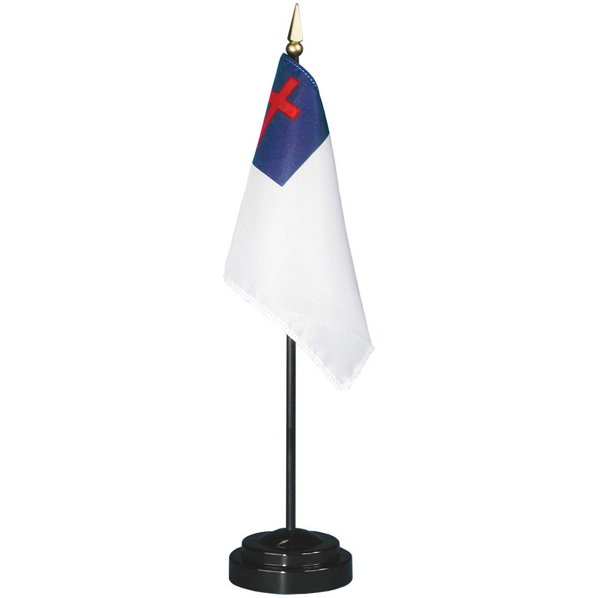 A small flag with a cross on it is on a black stand.