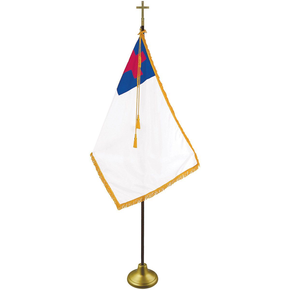 A flag on a pole with a cross on top of it