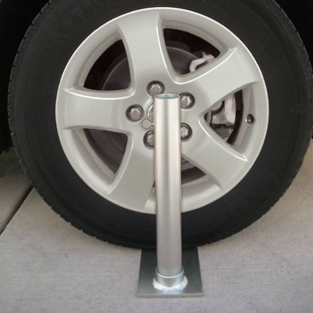 A car wheel with a metal pole attached to it