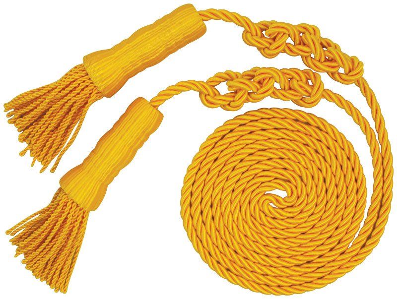 A yellow rope with two tassels attached to it