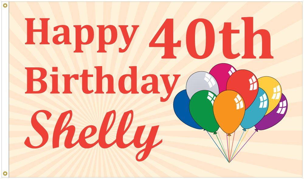 A banner that says `` happy 40th birthday shelly '' with balloons on it.