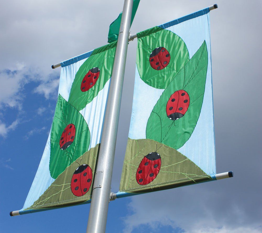 Two flags on a pole with ladybugs on them