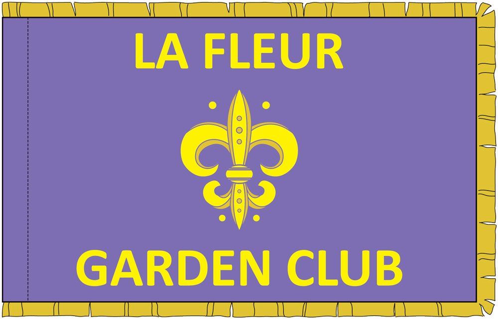 A purple banner with a yellow fleur de lis and the words la fleur garden club