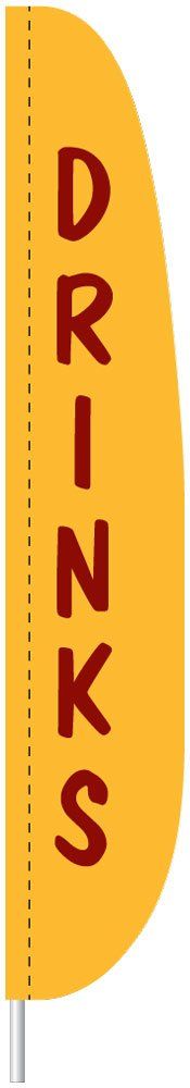 A yellow flag with red letters on it is on a pole.