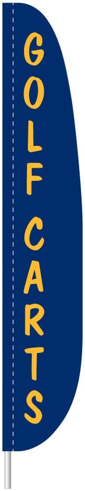 A blue flag with the words `` golf carts '' written on it.