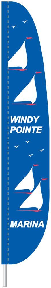 A blue flag with sailboats and birds on it.