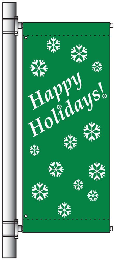 A green banner with white snowflakes and the words `` happy holidays ''.