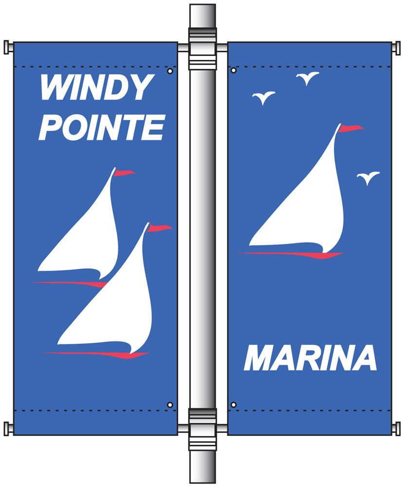 A blue banner that says windy pointe marina on it